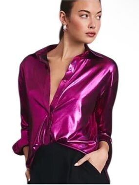 Anthropologie Shine Metallic Pink Button Down Shirt XS Shimmer Blouse